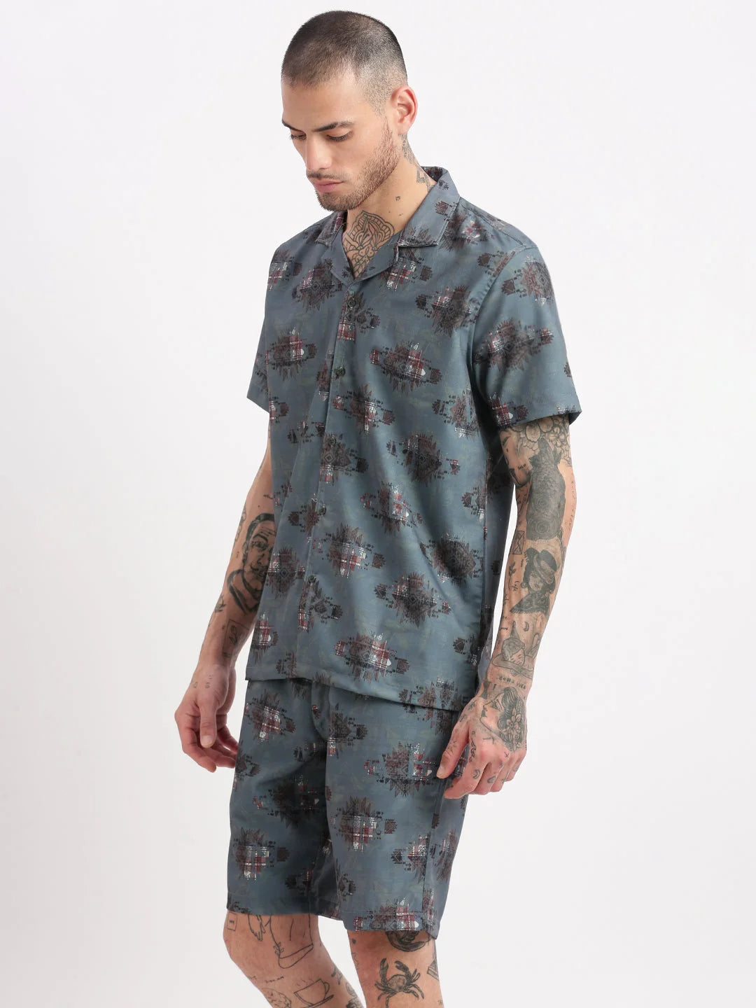 Teal Geometric Mens Two Piece Sets - Cuban Collar, Cotton