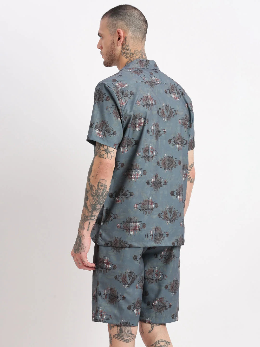 Teal Geometric Mens Two Piece Sets - Cuban Collar, Cotton