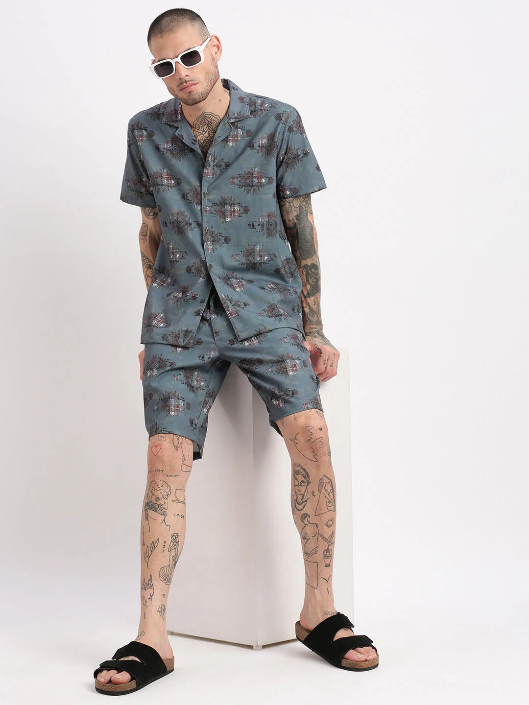 Teal Geometric Mens Two Piece Sets - Cuban Collar, Cotton