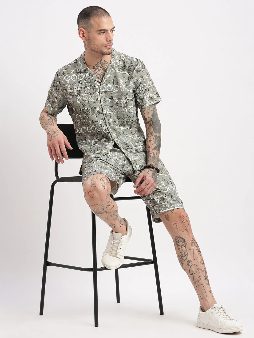 Green Geometric Mens Co-ords | Casual Two Piece Sets for Men