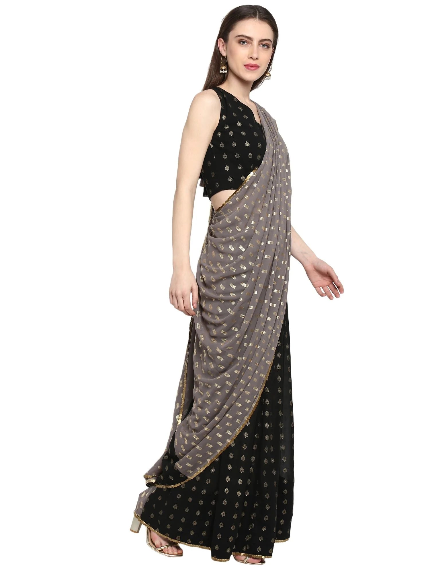 Black Georgette Foil Print Ready to Wear Saree | Indian Sari