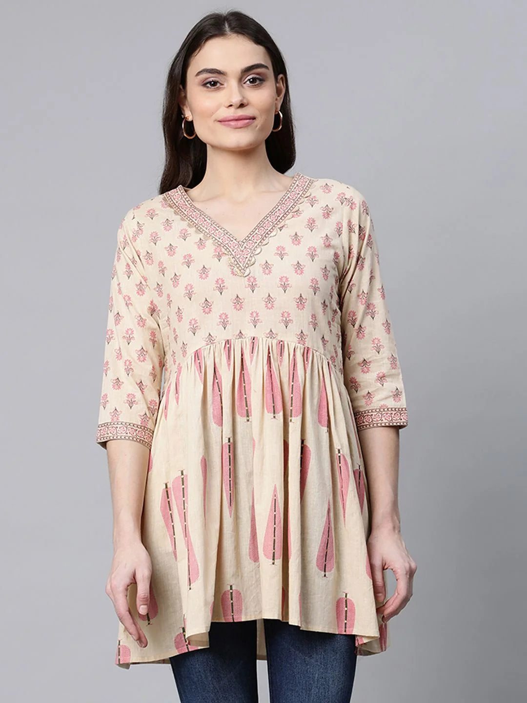 Beige Pure Cotton Printed Tunic-AHTUCOPG-8071