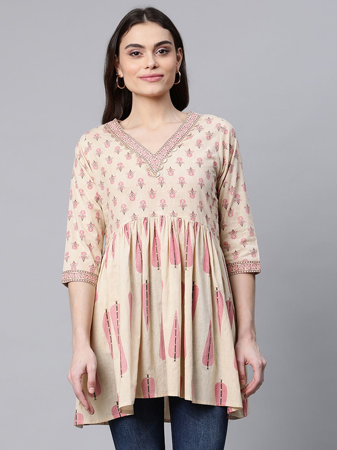 Beige Cotton Tunic Top - Indian Kurta Ladies Casual Wear