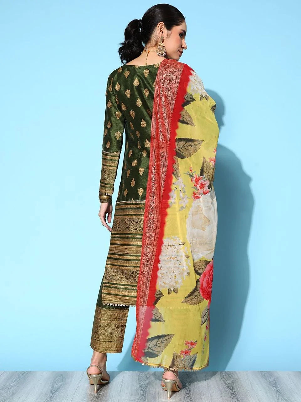 Olive Green Printed Kurta Pant Dupatta Set | Indian Kurta Sets