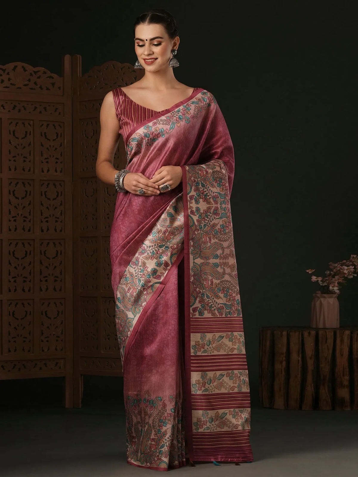 Women's Blend Brown Printed Designer Saree With Blouse Piece-HOLAND55C