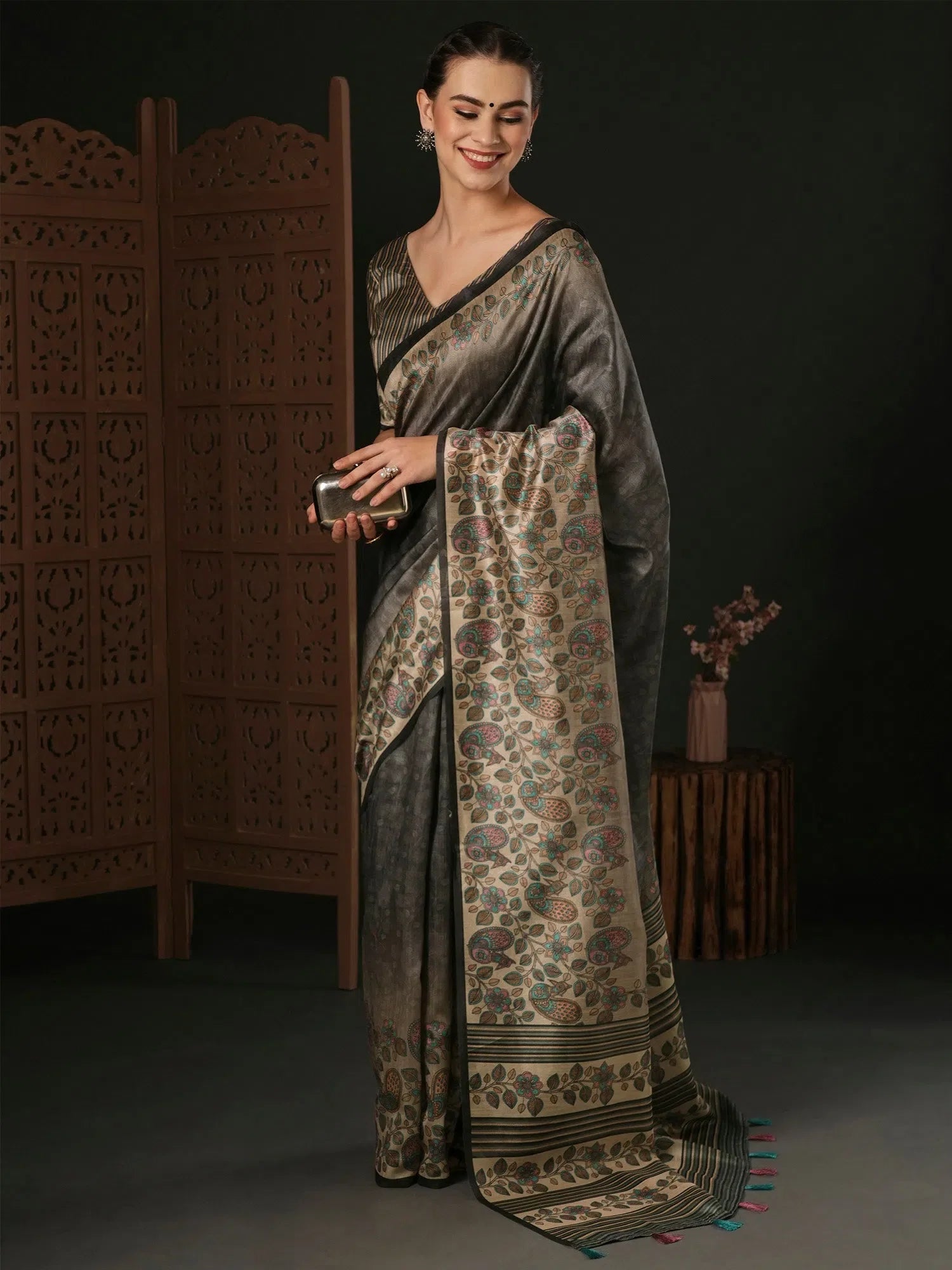 Charcoal Grey Printed Polyester Saree | Designer Indian Sarees