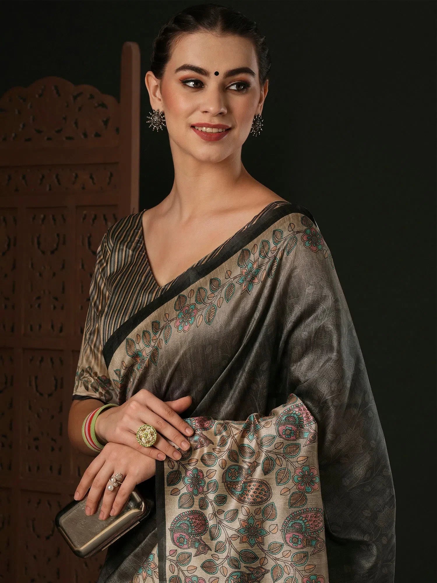 Charcoal Grey Printed Polyester Saree | Designer Indian Sarees