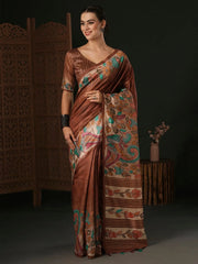 Women's Blend Brown Printed Designer Saree With Blouse Piece-KNKAVTI17A