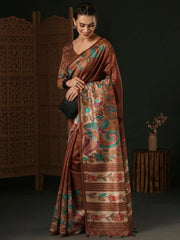 Women's Blend Brown Printed Designer Saree With Blouse Piece-KNKAVTI17A