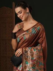 Women's Blend Brown Printed Designer Saree With Blouse Piece-KNKAVTI17A
