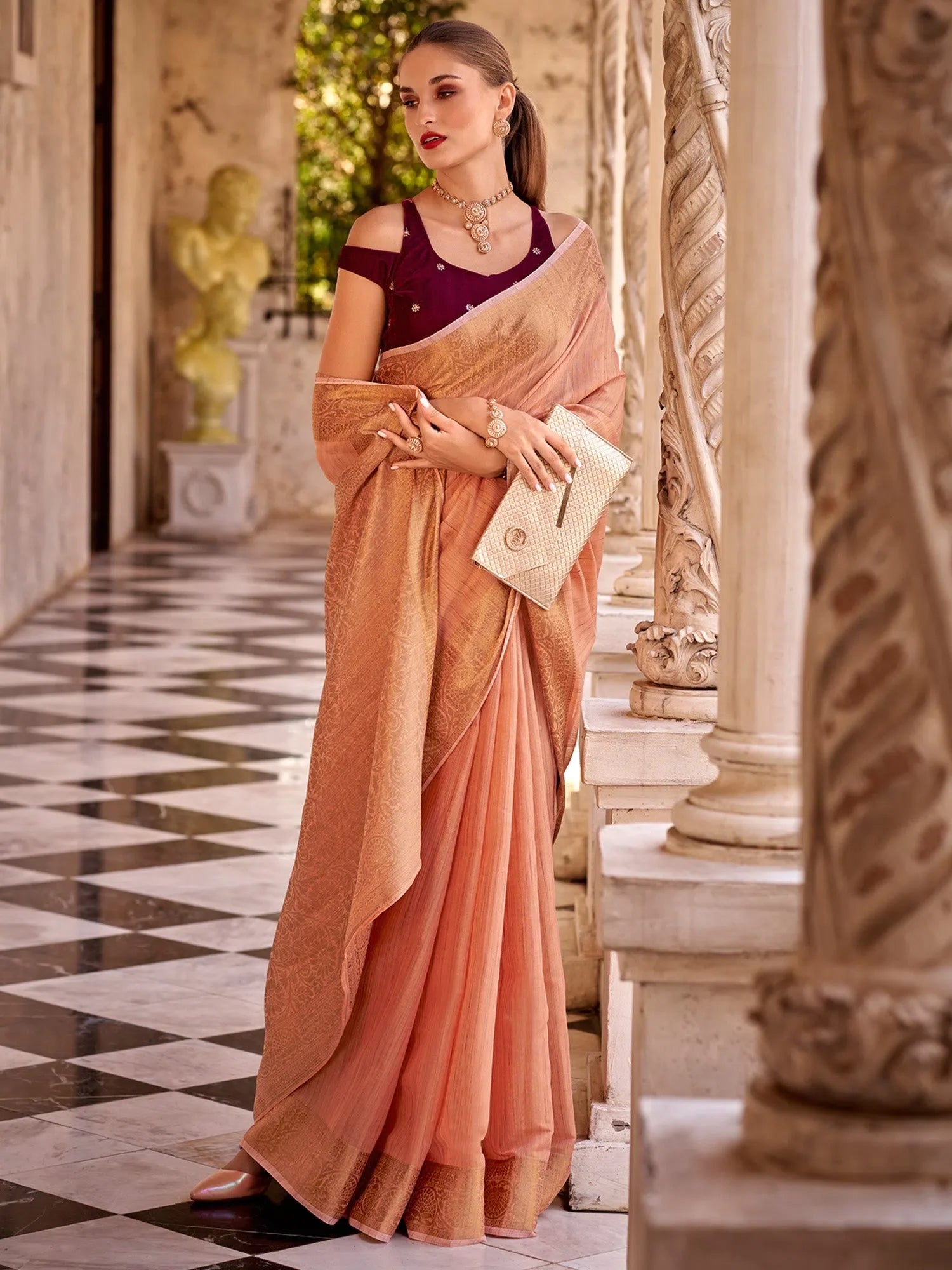 Peach Woven Polyester Saree with Blouse | Indian Sari