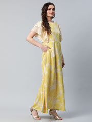 Lemon Yellow Crepe Floral Dress-AHDRCRDP-887