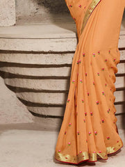 Women's Chiffon Orange Embellished Designer Saree With Blouse Piece-DHAGA1007