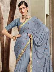 Women's Chiffon Grey Embellished Designer Saree With Blouse Piece-DHAGA1010