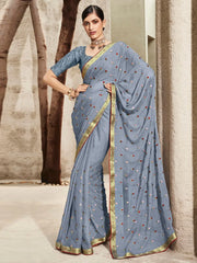 Women's Chiffon Grey Embellished Designer Saree With Blouse Piece-DHAGA1010