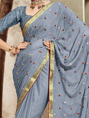 Women's Chiffon Grey Embellished Designer Saree With Blouse Piece-DHAGA1010