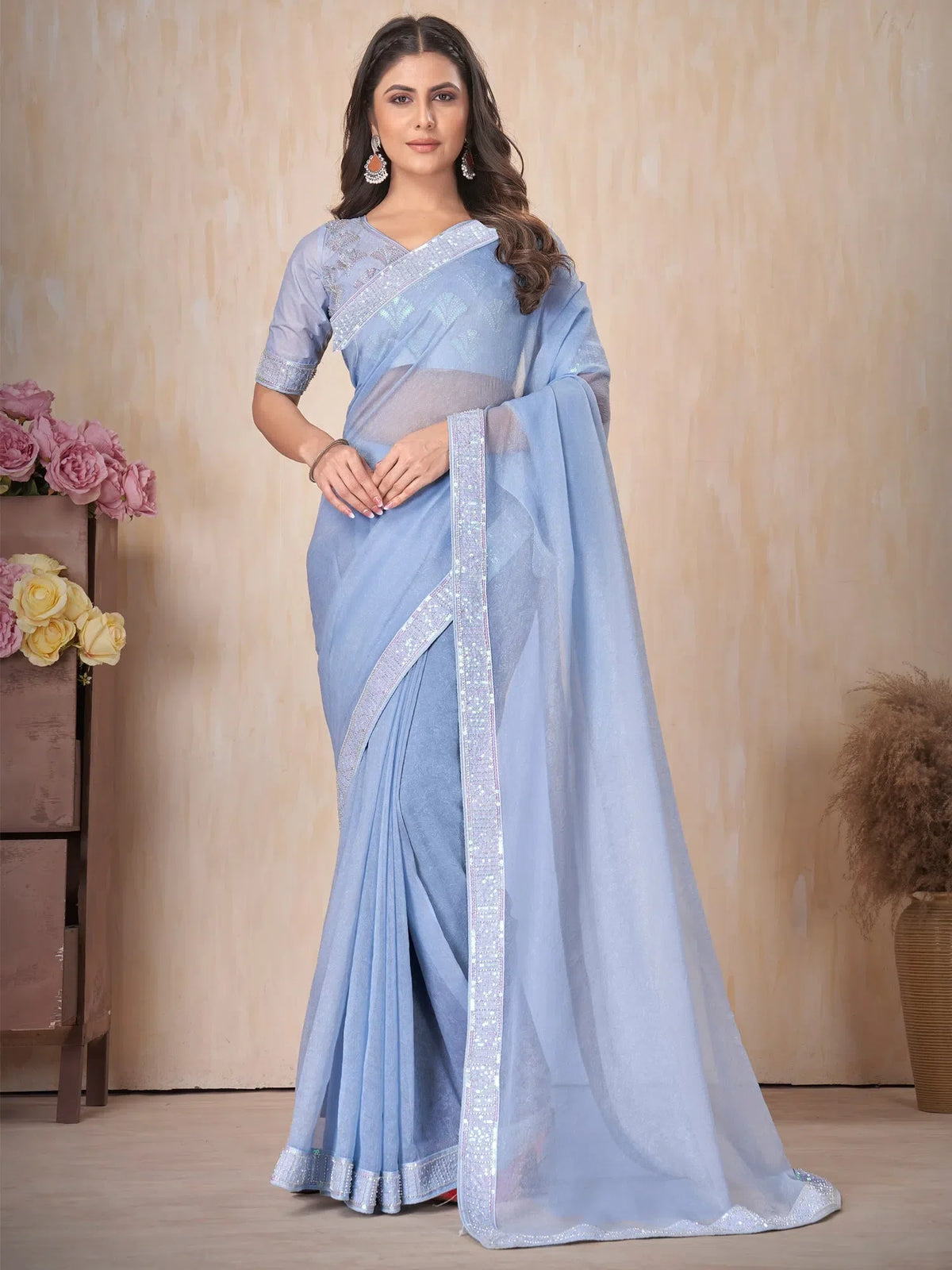 Women's Chiffon Light Blue Embellished Designer Saree With Blouse Piece-DHNIYA101K2