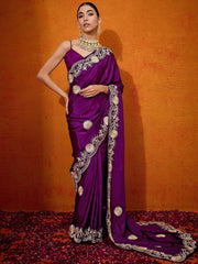 Women's Crepe Purple Embellished Designer Saree With Blouse Piece-DHNIYA262B
