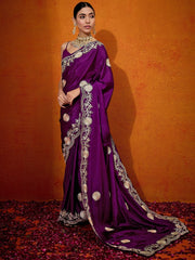 Women's Crepe Purple Embellished Designer Saree With Blouse Piece-DHNIYA262B