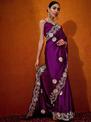 Women's Crepe Purple Embellished Designer Saree With Blouse Piece-DHNIYA262B