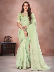 Women's Organza Light Green Embellished Designer Saree With Blouse Piece-DHNIYA401S6