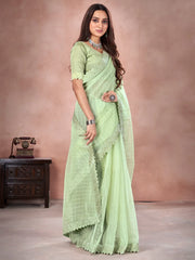 Women's Organza Light Green Embellished Designer Saree With Blouse Piece-DHNIYA401S6