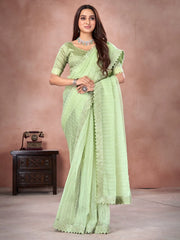 Women's Organza Light Green Embellished Designer Saree With Blouse Piece-DHNIYA401S6