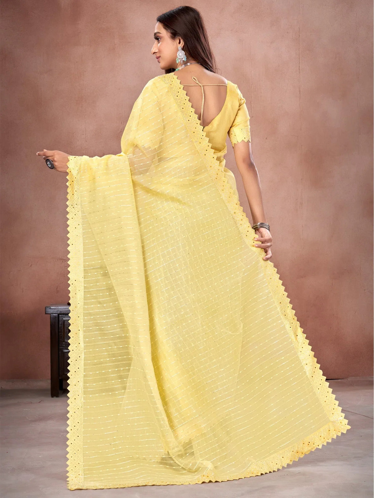 Women's Organza Yellow Embellished Designer Saree With Blouse Piece-DHNIYA405S6