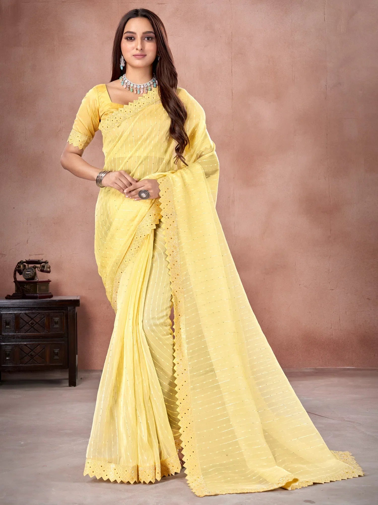 Embellished Yellow Organza Saree | Designer Sarees India