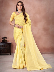 Women's Organza Yellow Embellished Designer Saree With Blouse Piece-DHNIYA405S6