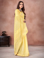 Women's Organza Yellow Embellished Designer Saree With Blouse Piece-DHNIYA405S6