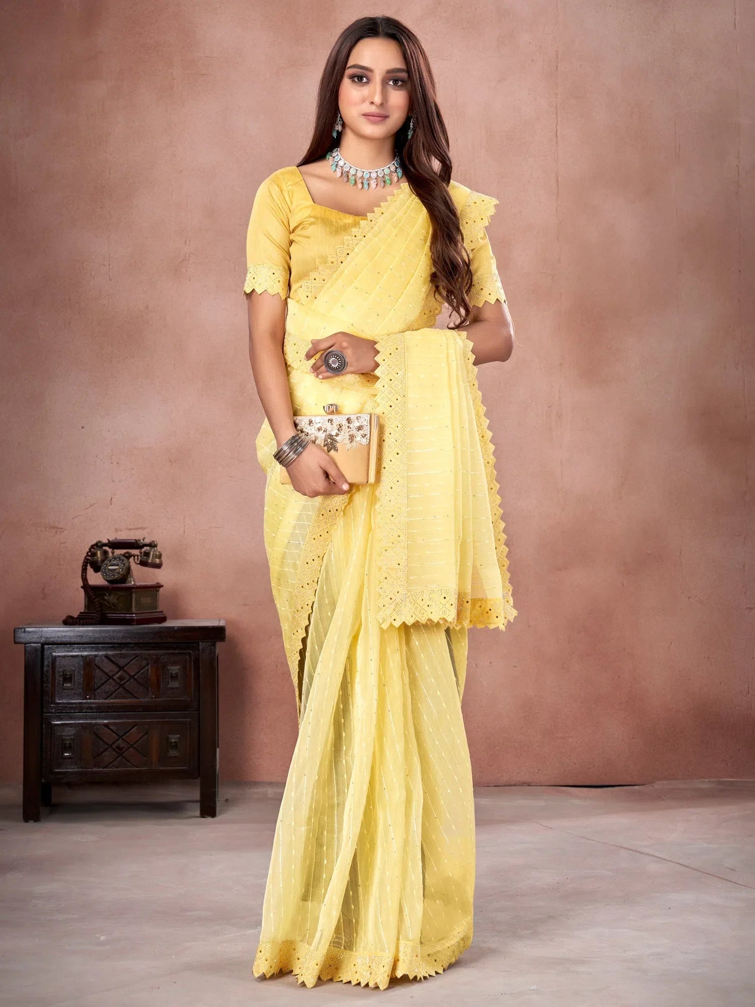 Embellished Yellow Organza Saree | Designer Sarees India