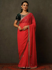 Women's Georgette Pink Embellished Celebrity Saree With Blouse Piece-DHNIYA500