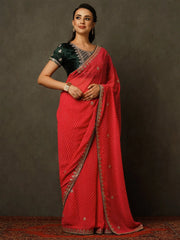 Women's Georgette Pink Embellished Celebrity Saree With Blouse Piece-DHNIYA500