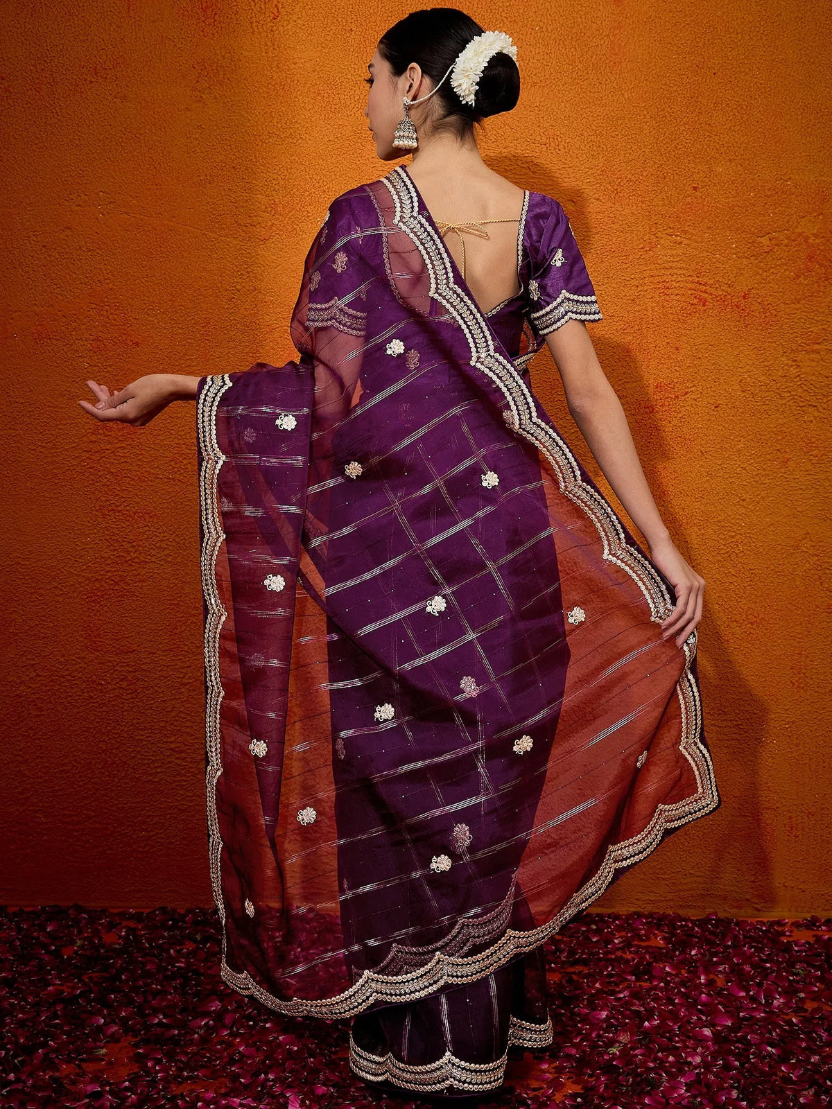 Women's Organza Purple Embellished Designer Saree With Blouse Piece-DHNIYA601A
