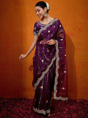 Women's Organza Purple Embellished Designer Saree With Blouse Piece-DHNIYA601A