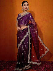 Women's Organza Purple Embellished Designer Saree With Blouse Piece-DHNIYA601A