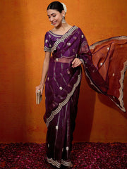 Women's Organza Purple Embellished Designer Saree With Blouse Piece-DHNIYA601A