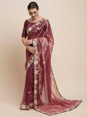 Women's Organza Burgundy Embellished Designer Saree With Blouse Piece-DHNIYA624