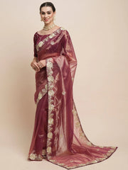 Women's Organza Burgundy Embellished Designer Saree With Blouse Piece-DHNIYA624