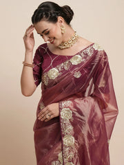 Women's Organza Burgundy Embellished Designer Saree With Blouse Piece-DHNIYA624