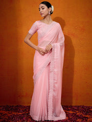 Women's Chiffon Pink Embellished Designer Saree With Blouse Piece-DHNIYA655A