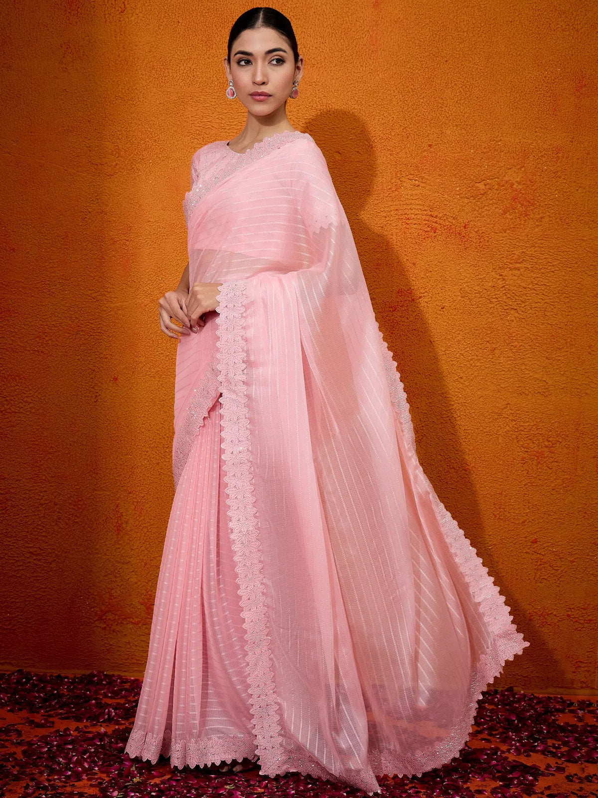 Women's Chiffon Pink Embellished Designer Saree With Blouse Piece-DHNIYA655A