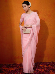 Women's Chiffon Pink Embellished Designer Saree With Blouse Piece-DHNIYA655A