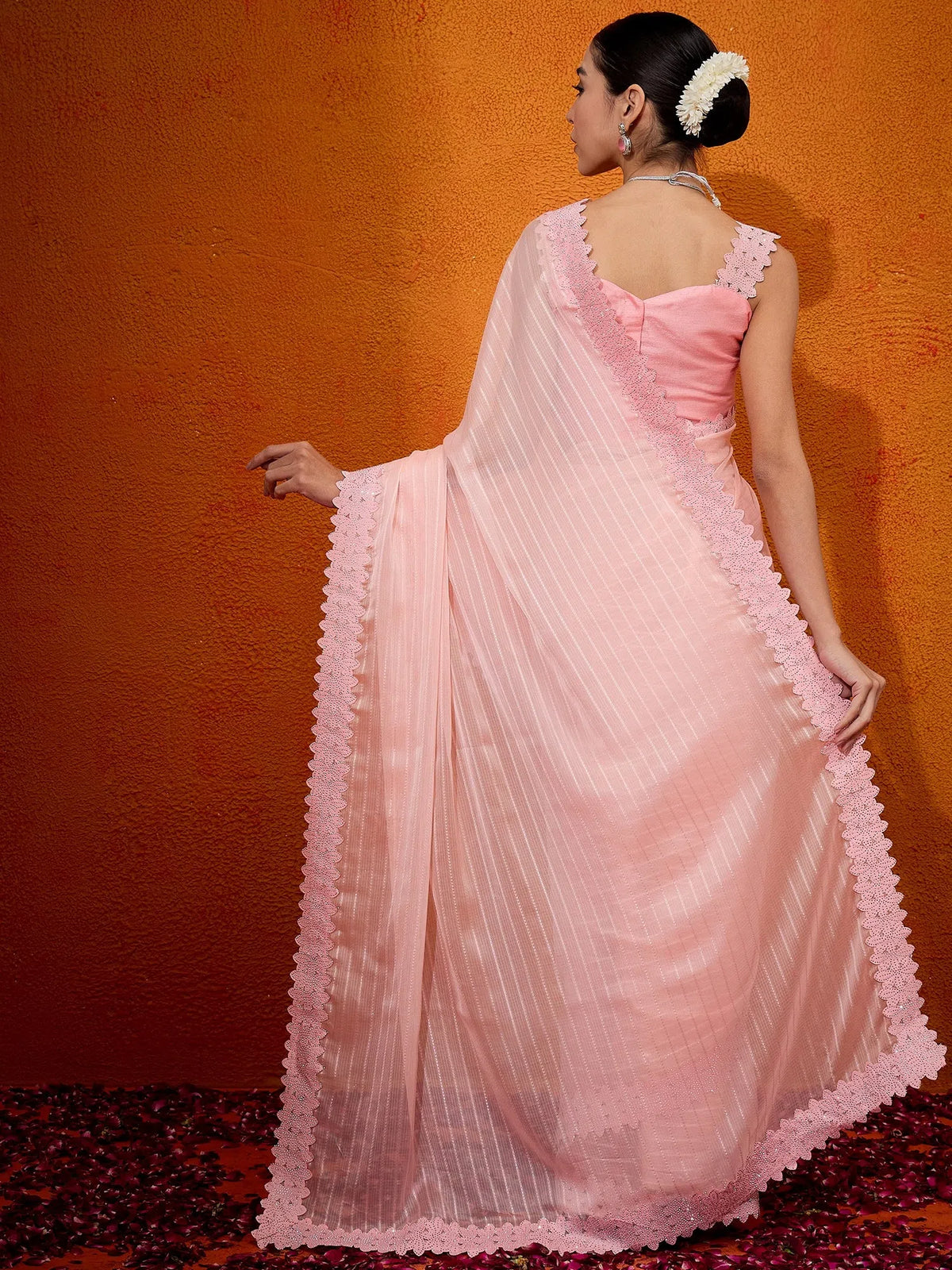 Women's Chiffon Peach Embellished Designer Saree With Blouse Piece-DHNIYA655D