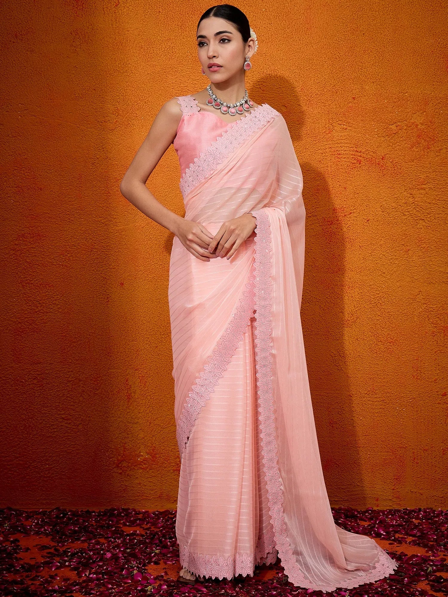 Peach Embellished Polyester Saree | Indian Sarees