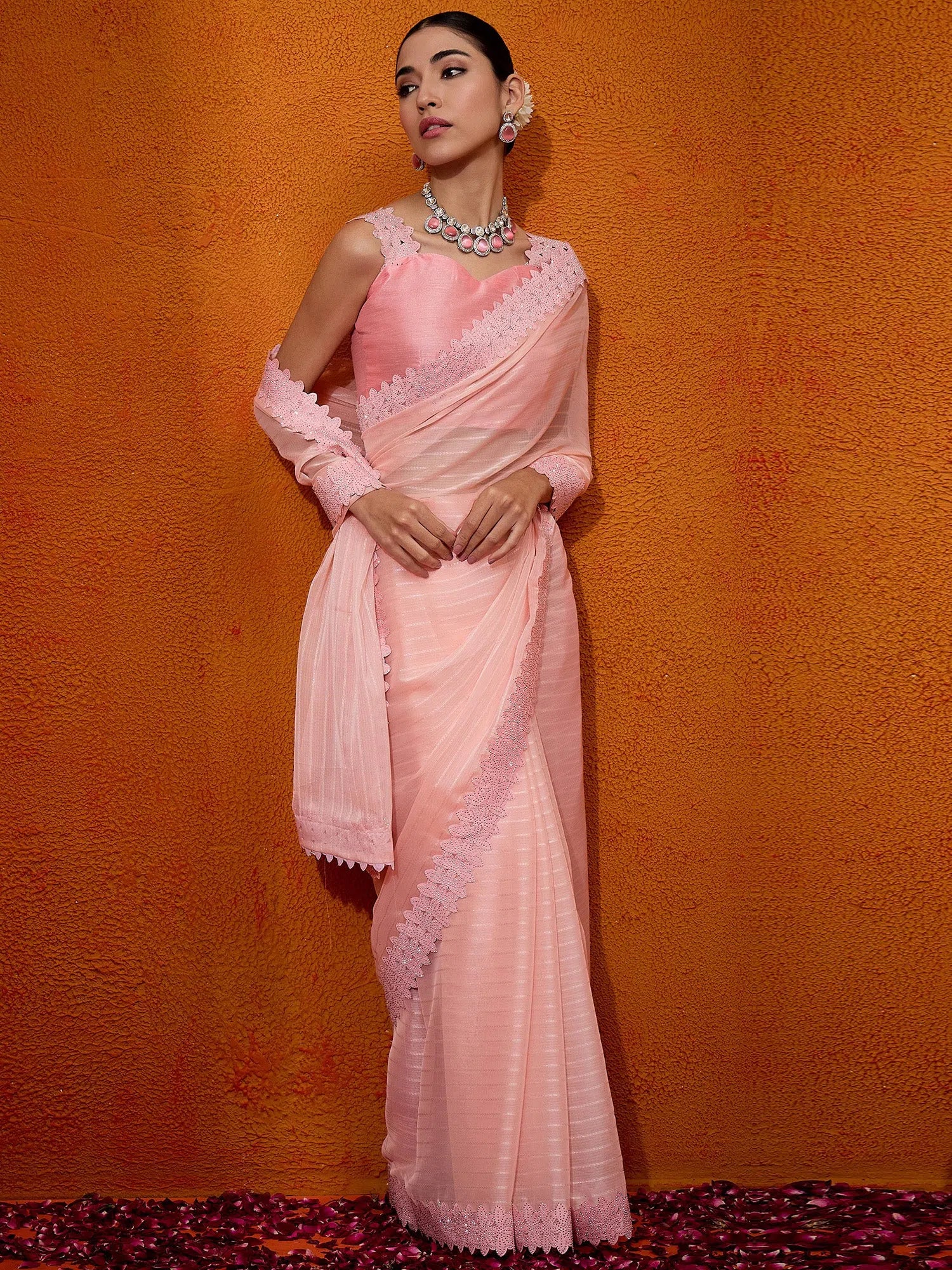 Peach Embellished Polyester Saree | Indian Sarees