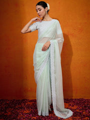 Women's Chiffon Light Green Embellished Designer Saree With Blouse Piece-DHNIYA655E