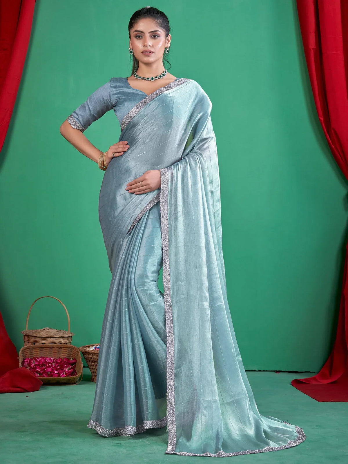 Women's Chiffon Light Blue Embellished Designer Saree With Blouse Piece-DHNIYA661C