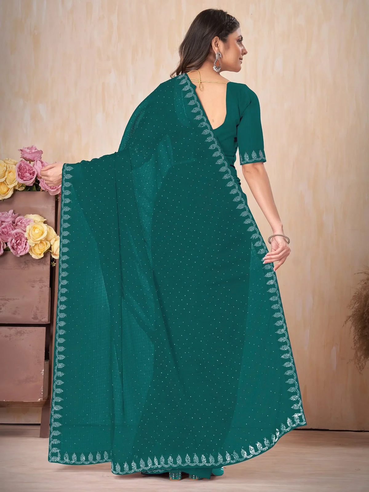Women's Chiffon Teal Blue Embellished Designer Saree With Blouse Piece-DHNIYA668B